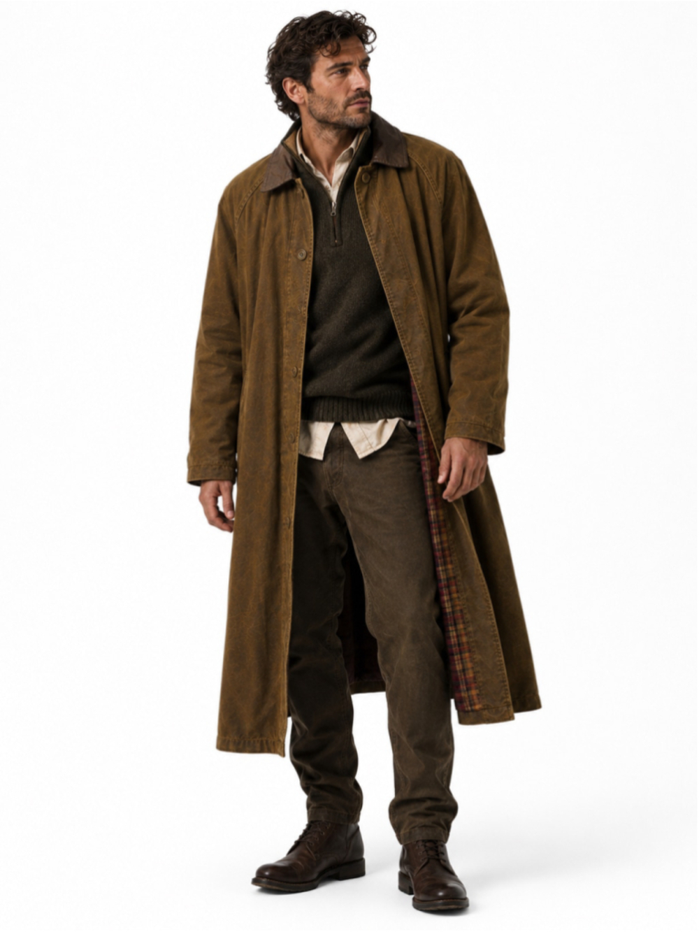 Vintage Brandon Thomas Long Duster Coat Brown Canvas Plaid Lined Men’s